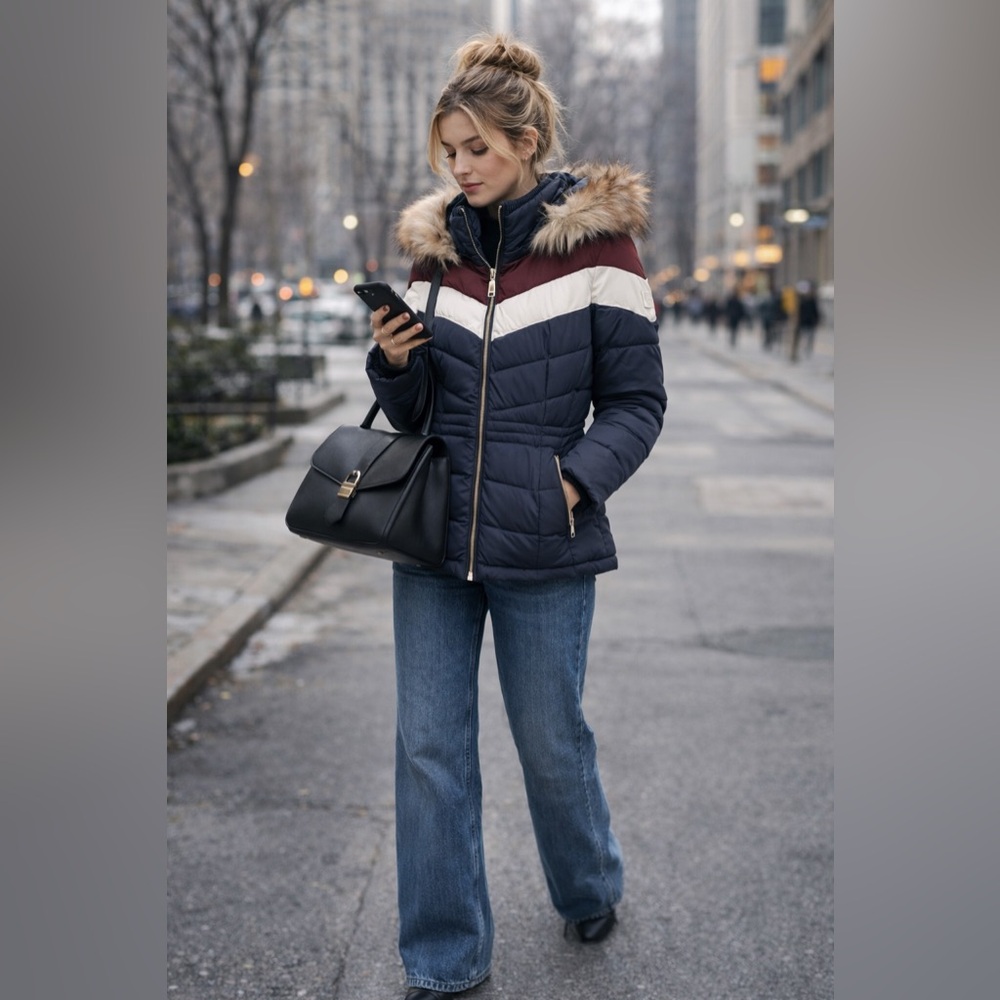Chevron Colorblock Puffer Jacket with Faux Fur Trim Hood